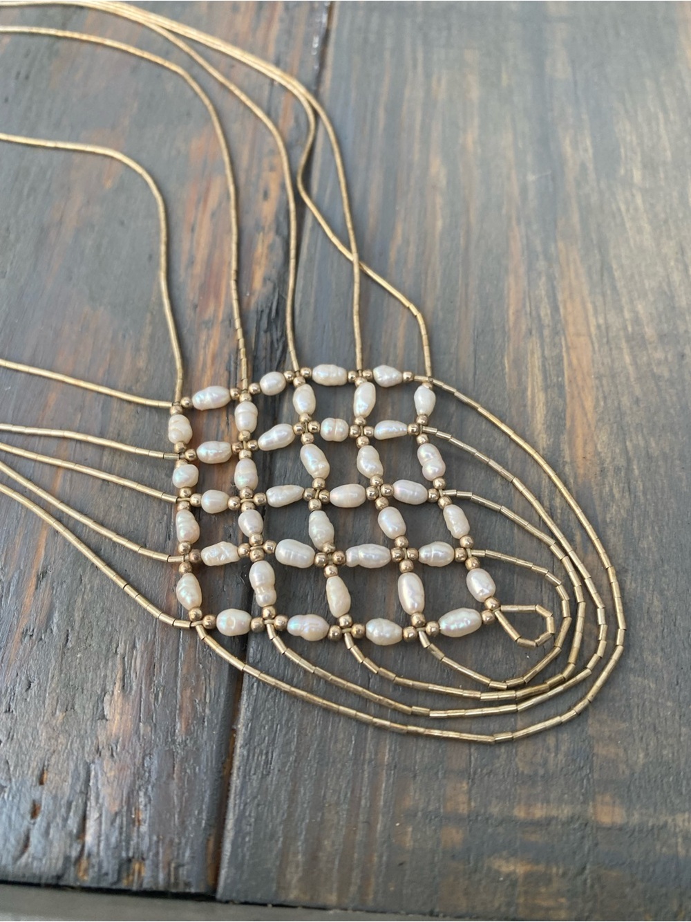 Delicate Gold and Pearl Grid Necklace - Women Jewelry